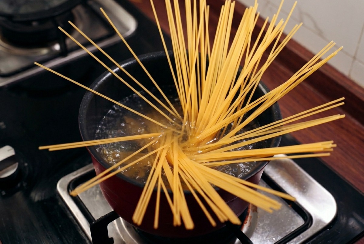 沸騰したお湯の中で、乾麺のスパゲッティが扇状に広がっている様子。