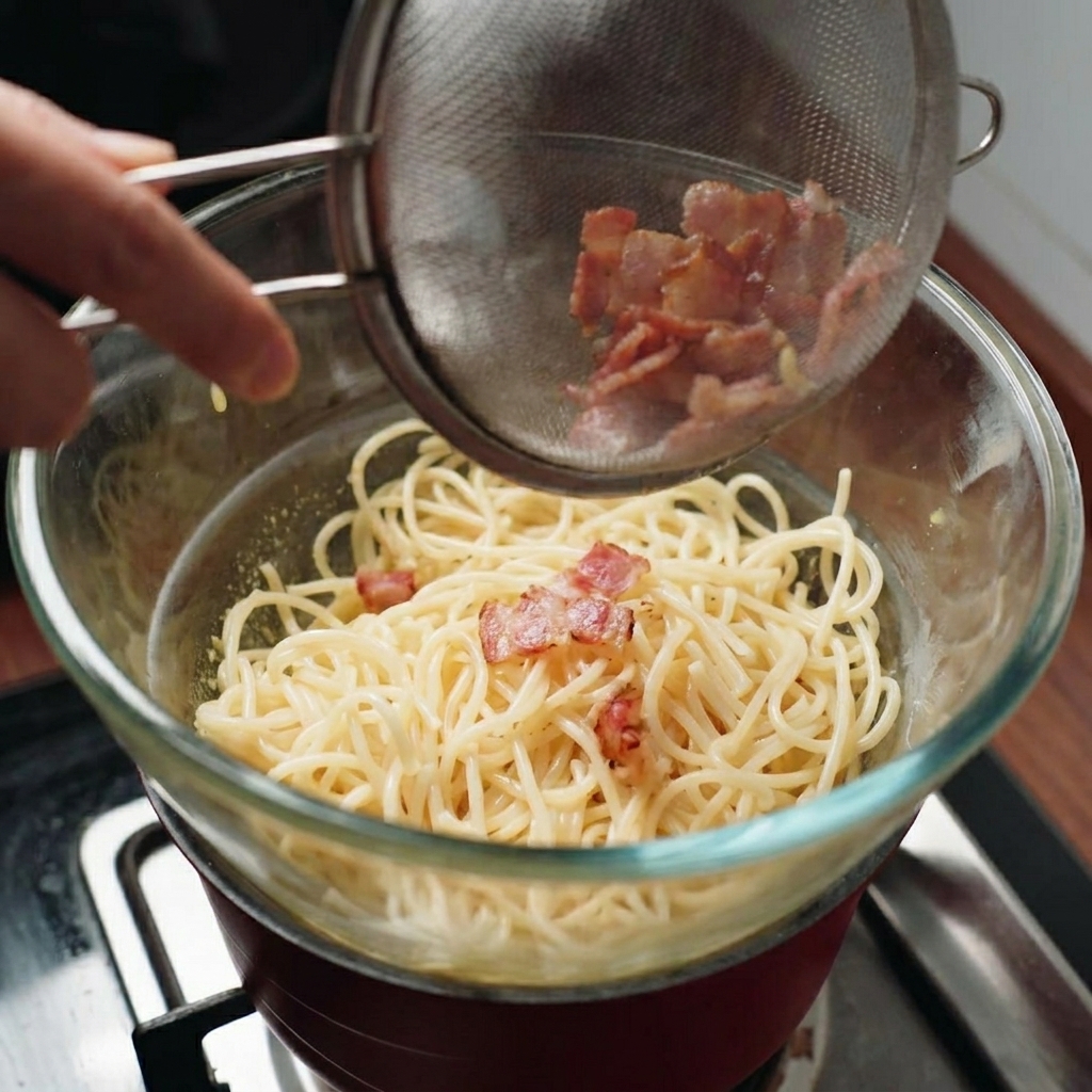 茹でたてのスパゲッティとカリカリのベーコンをソースのボウルに入れて混ぜている様子。