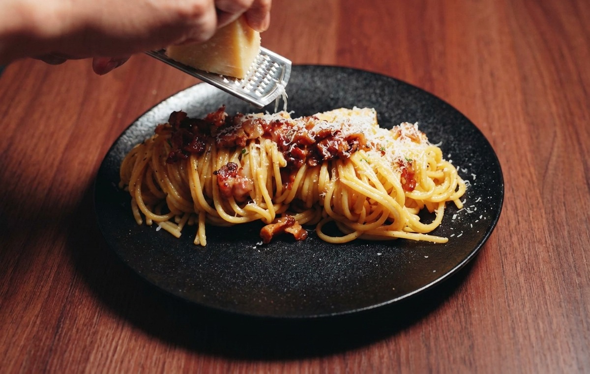 盛り付けたパスタの上に、おろし金でパルメザンチーズを細かく削り落としている様子。