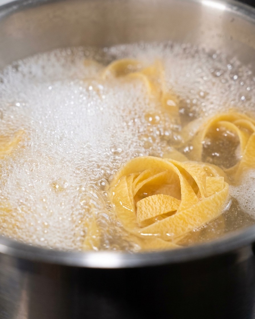 鍋の中で沸騰しているフェットチーネのパスタ。