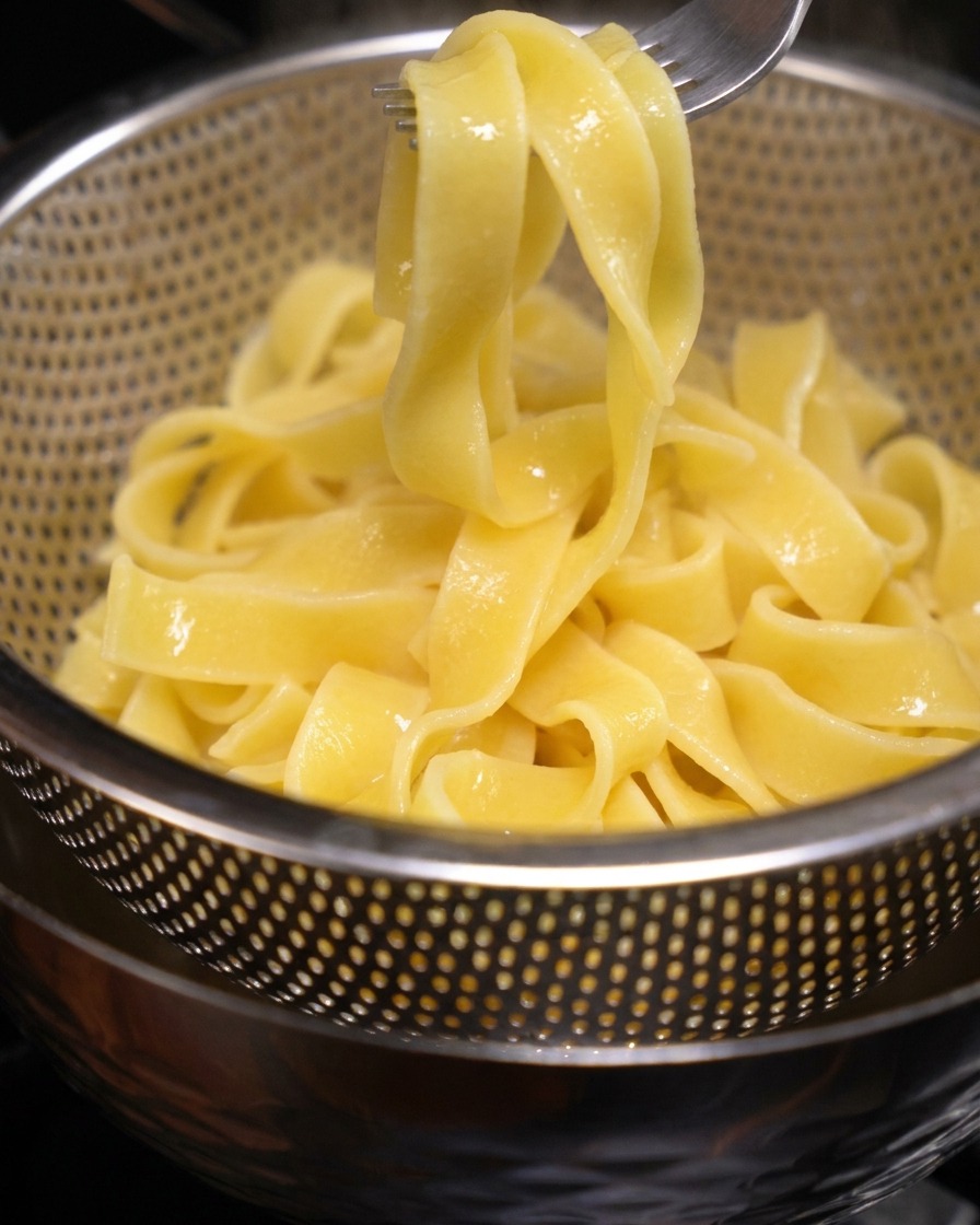 茹で上がった幅広のパスタが金属のザルに入っている様子。