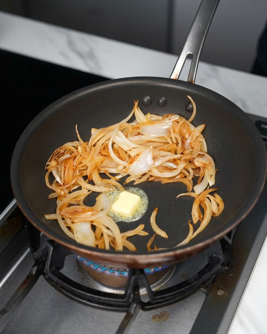 フライパンで炒めた玉ねぎの真ん中で、四角いバターが溶けている様子。