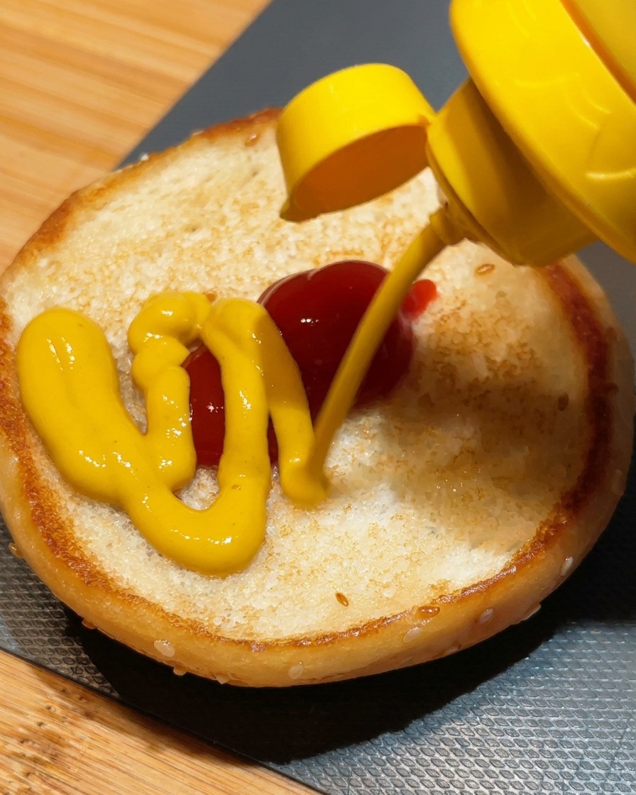 焼いたバンズの下半分に、ケチャップ、イエローマスタード、みじん切りの玉ねぎを順にのせている様子。