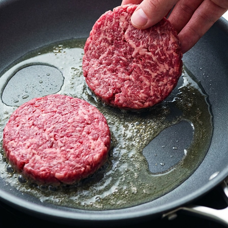 溶けたバターが入った熱いフライパンに、厚みのある生の牛肉パティを並べている様子。