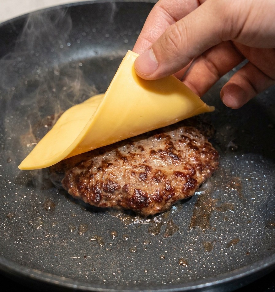 フライパンで焼かれているパティの上に、正方形のチーズを一枚ずつのせている様子。