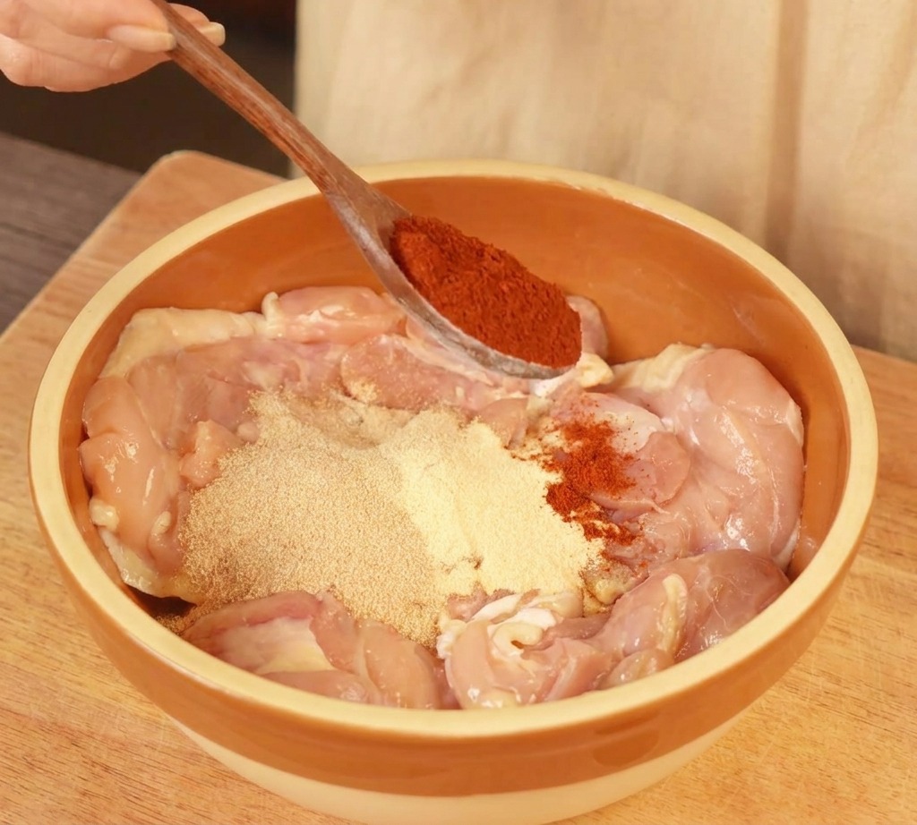 茶色のセラミックボウルに入れられた生の鶏もも肉に、鮮やかな赤色のパプリカパウダー、ガーリックパウダー、オニオンパウダーを振りかけている様子。