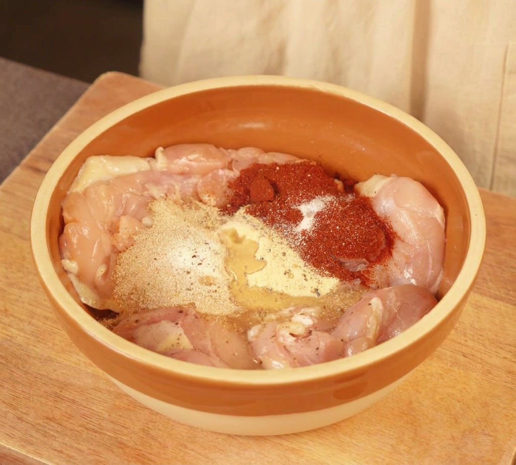 ボウルに入った下味付きの生の鶏もも肉に牛乳を注ぎ、赤とベージュのスパイスと混ざり合っている様子。