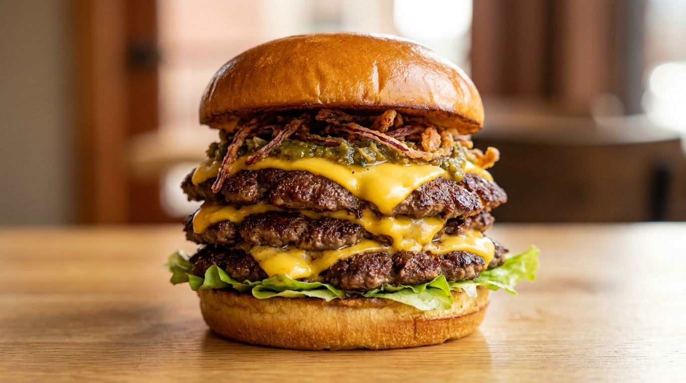 焦がし青唐辛子ソースとカリカリ玉ねぎのトリプルスマッシュバーガー