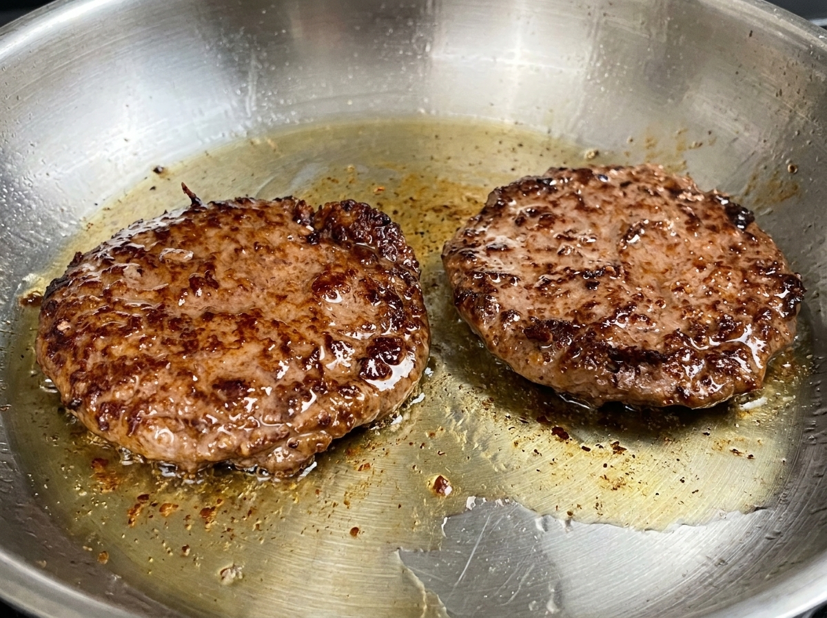 ステンレスのフライパンで焼かれている2枚の和牛パティ。表面には濃い茶色の焼き色がついている。