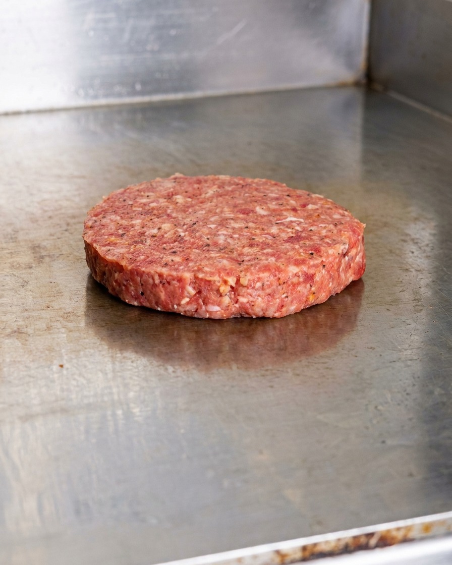 熱したステンレス製の鉄板の上で、塩胡椒で味付けされた生の牛挽肉パティが焼かれている様子。