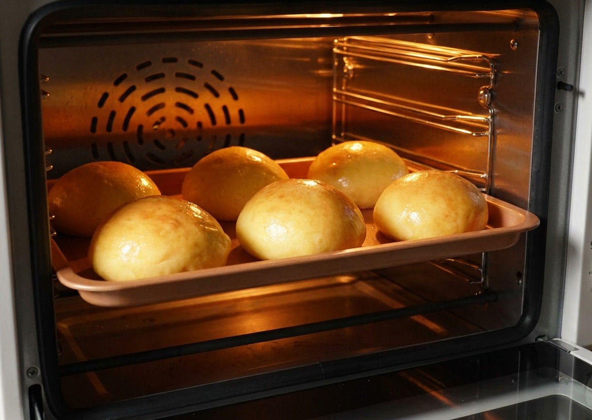 オーブンの中で、こんがりと美味しそうな焼き色がついた6個のバンズ。