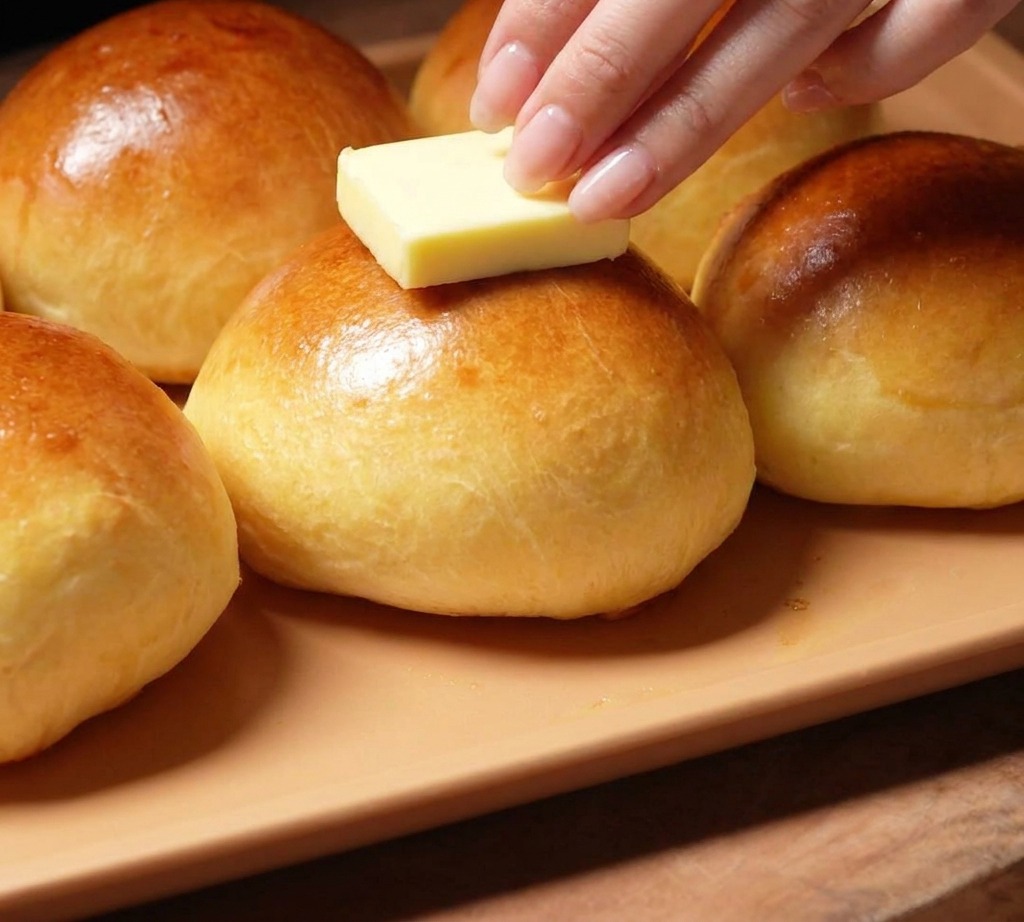 焼き立ての熱いバンズの表面に、固形のバターを滑らせてさらに光沢を出している様子。