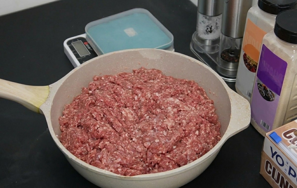 キッチンのカウンターに置かれた、新鮮な牛挽肉が入った大きなボウルと調味料、デジタルスケール。