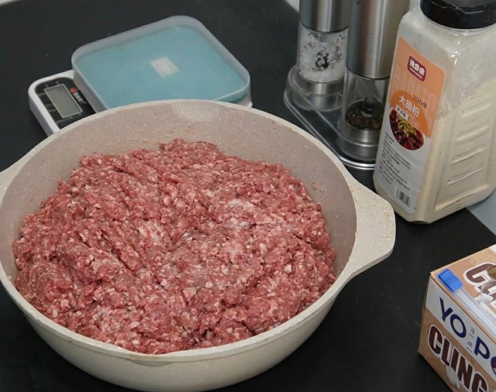 バットに広げた牛挽肉の上に、オニオンパウダーを均一に振りかけている様子。