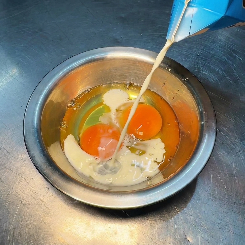 卵の入ったボウルに牛乳を注いでいる様子。