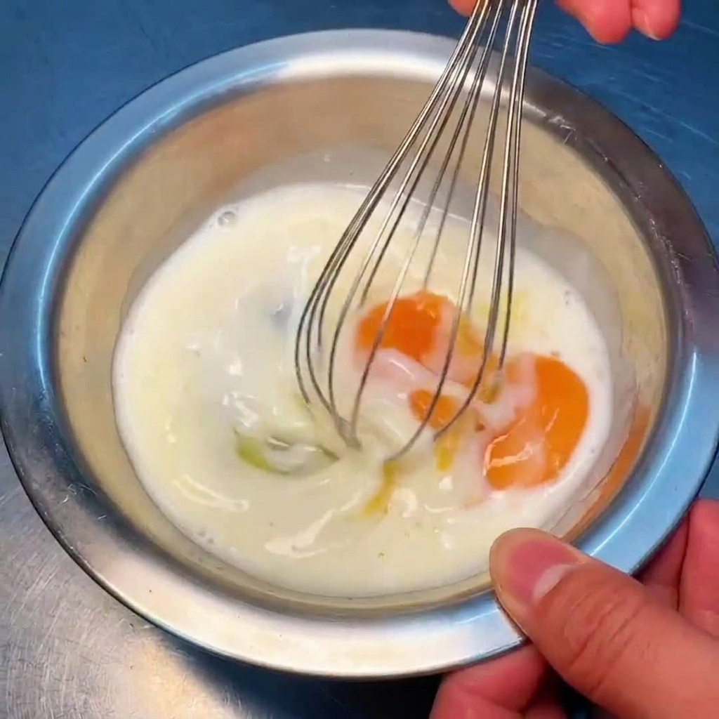 泡立て器で卵液を滑らかになるまで混ぜている様子。