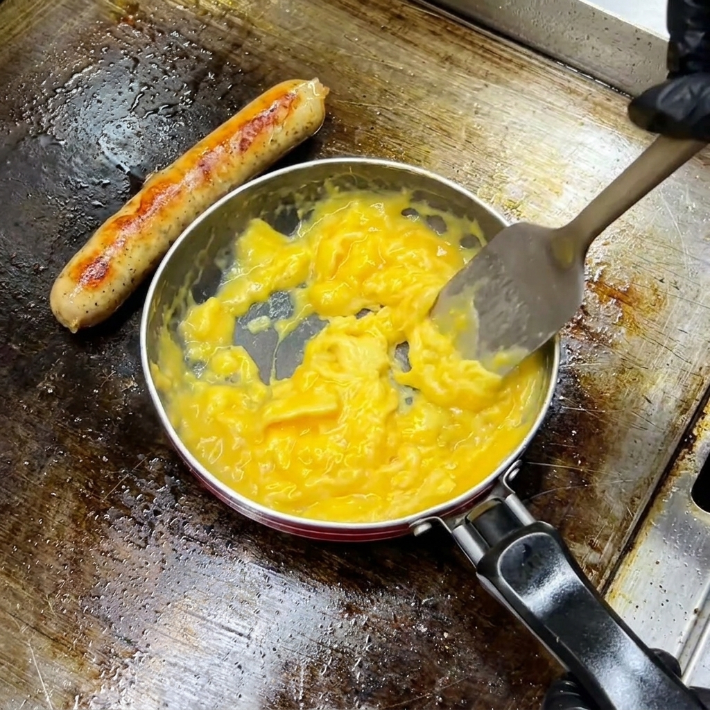 フライパンの中で卵をゆっくりと折りたたむように混ぜる様子。