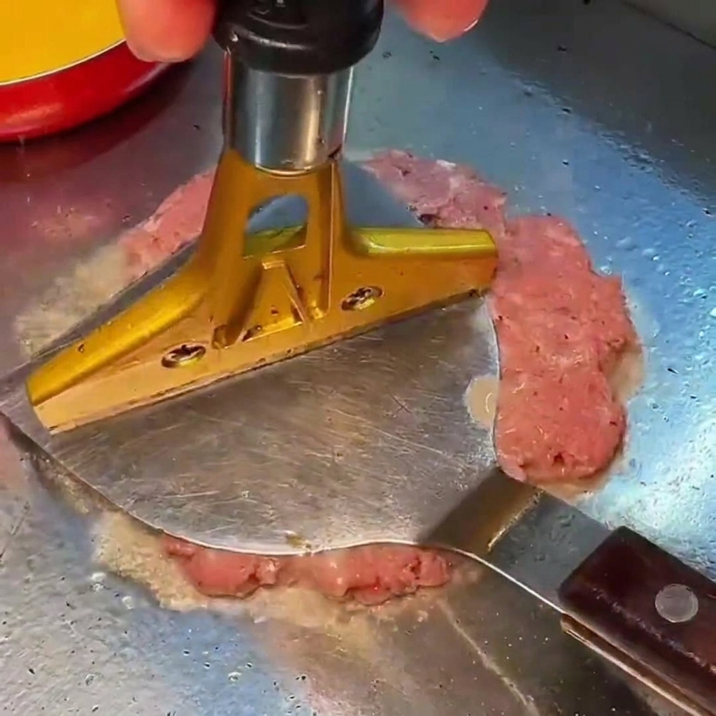 グリルパンの上で肉をプレス機を使って平らに押し潰す様子。