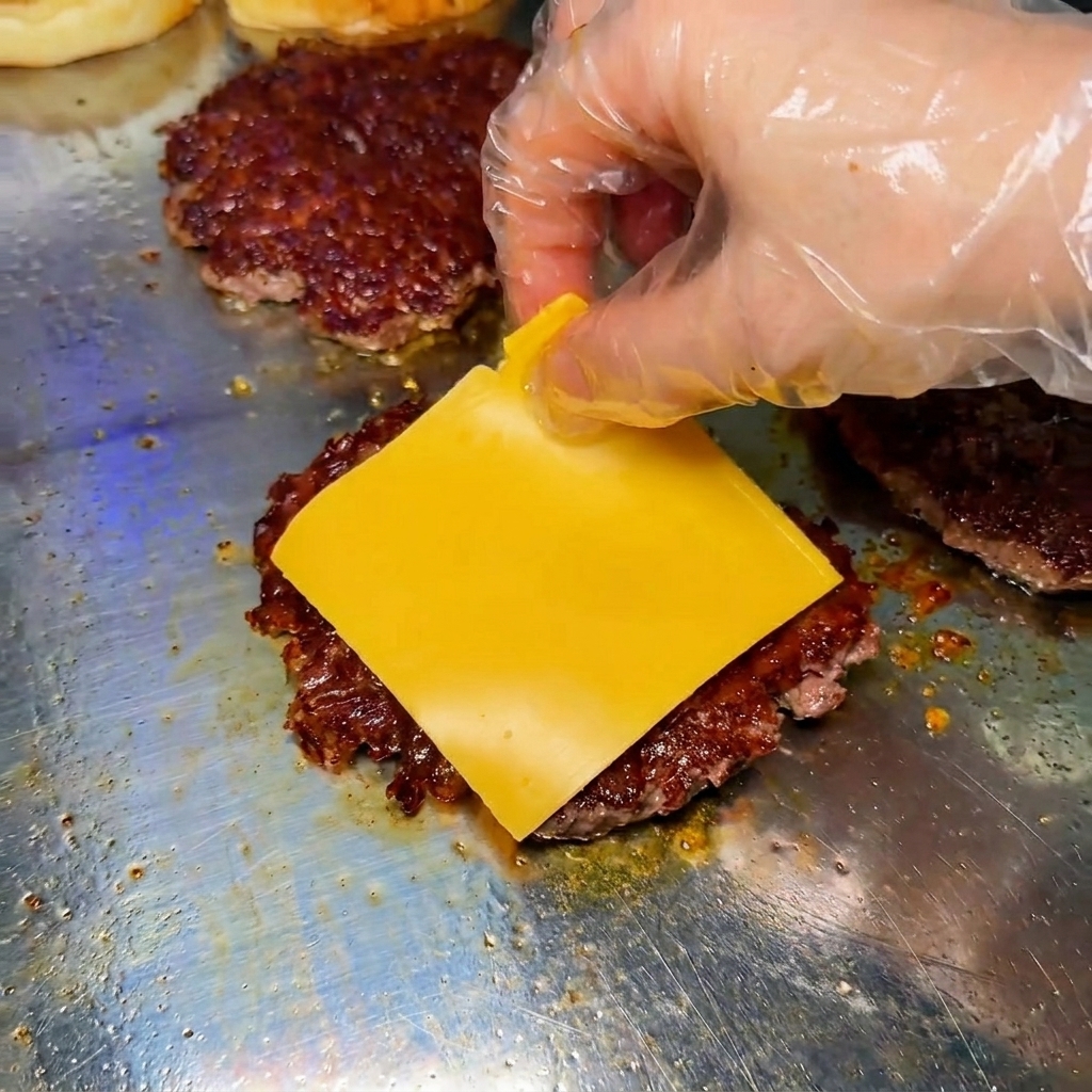 焼き上がったパティの上にチェダーチーズをのせる様子。