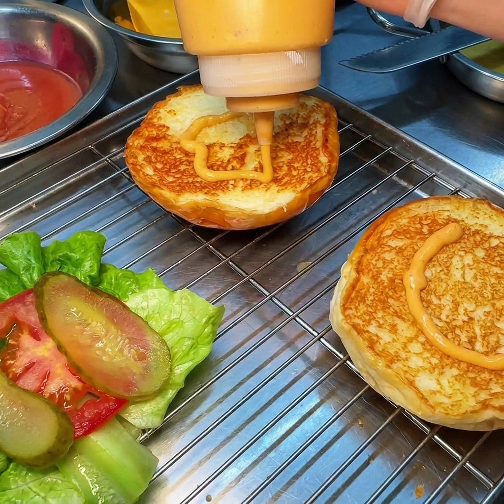 焼いたバンズにオレンジ色のソースをかけている様子。