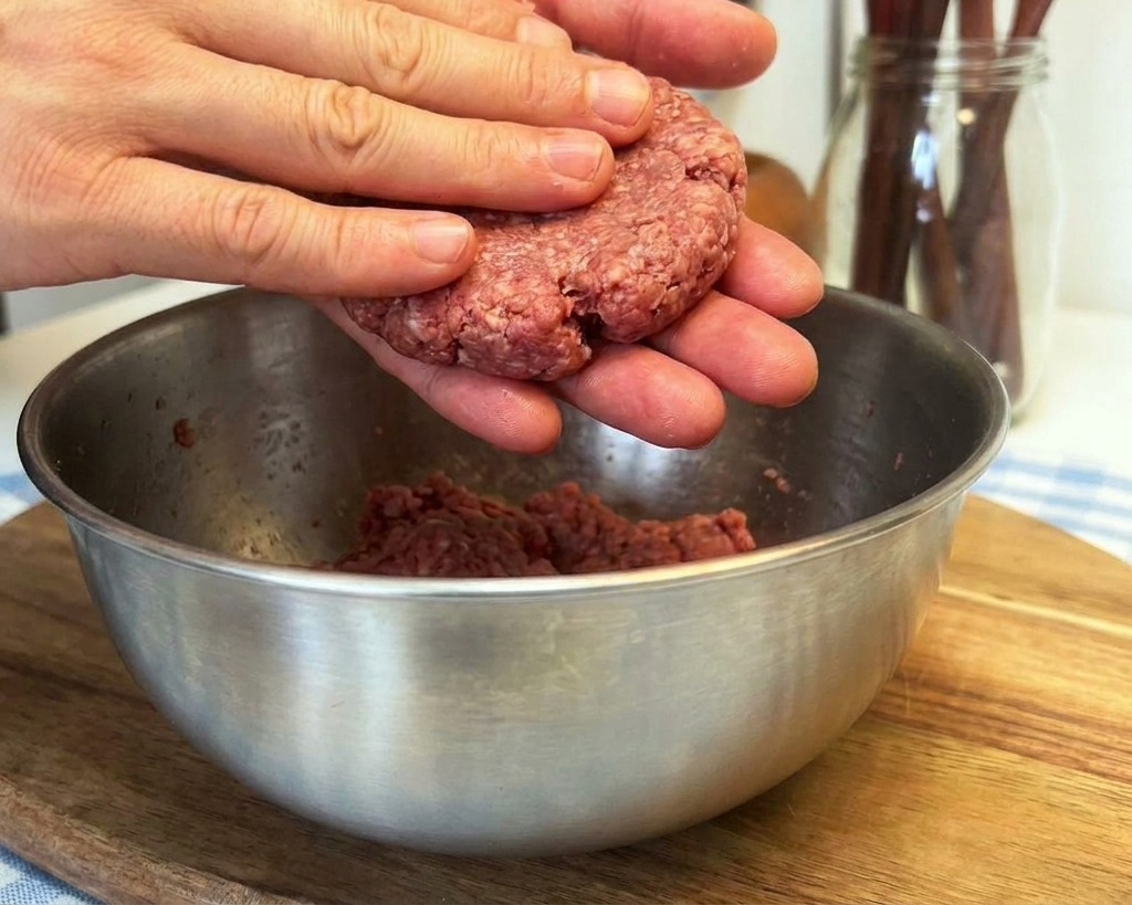 ボウルの上で、肉の塊を手のひらで平らな円形のパティに押し広げている様子。