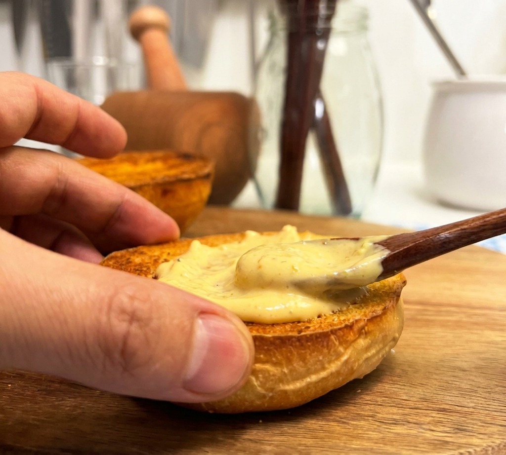 焼いたバンズの断面に、スプーンでたっぷりと特製ソースを塗っている様子。