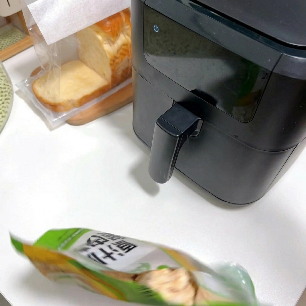 白いカウンターの上で、ノンフライヤーの横に置かれた冷凍チキンのパッケージを開ける様子。
