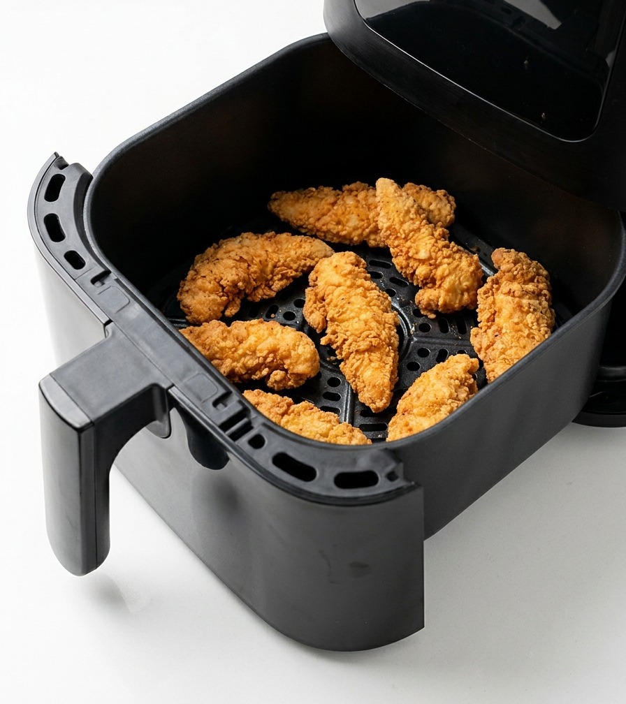 ノンフライヤーのバスケットの中で黄金色に焼けたチキン。