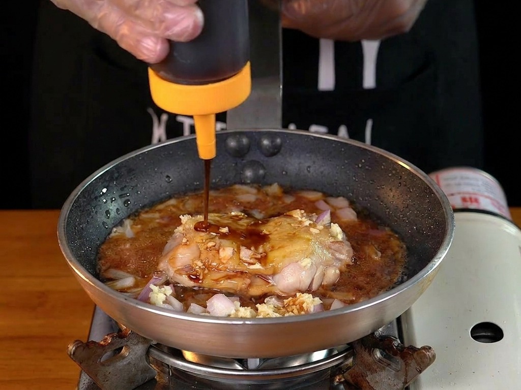 フライパンで焼いている鶏肉に濃厚なソースをかける様子