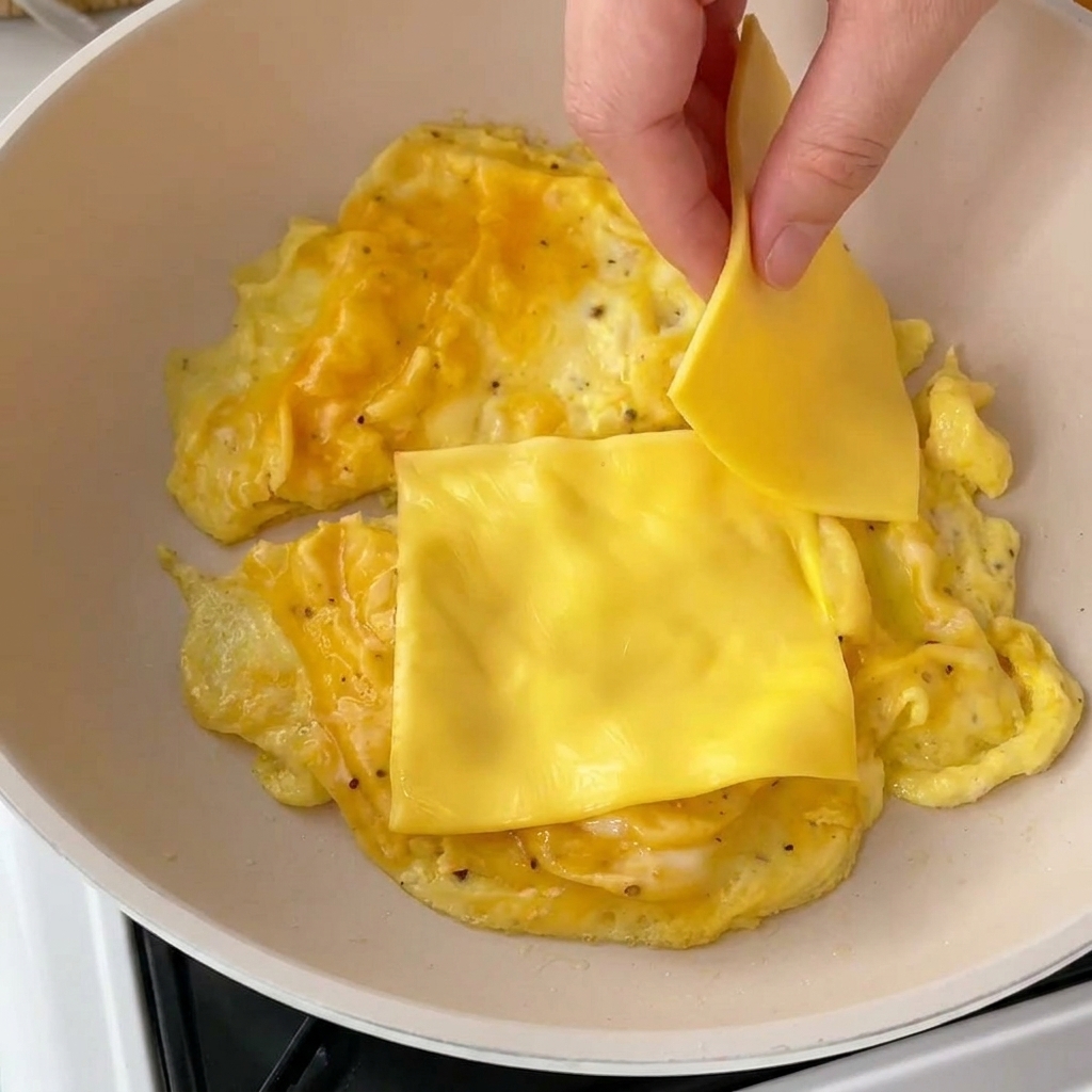 まだ少し半熟でツヤのある卵の上に、スライスチーズを乗せている手。