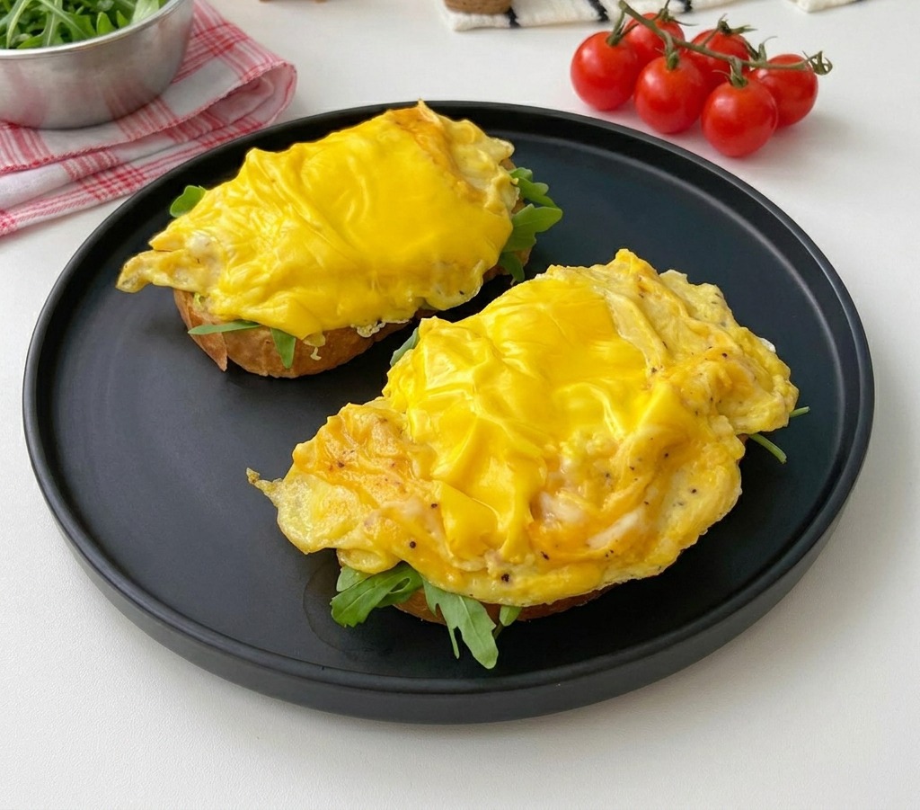 ルッコラを敷いたトーストの上に、チーズがとろけたスクランブルエッグをたっぷり乗せた様子。