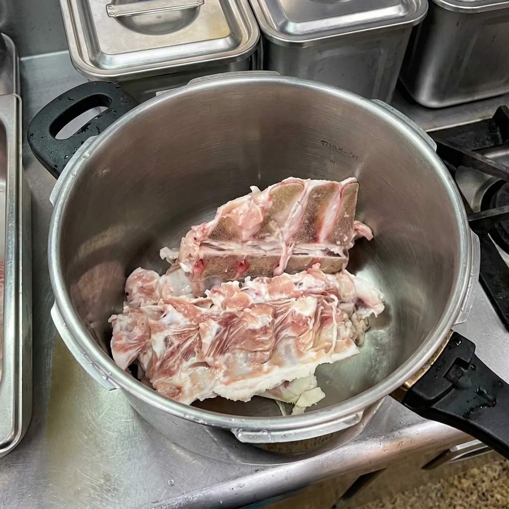 圧力鍋に入れた生の豚骨（ゲンコツ・背ガラ）。