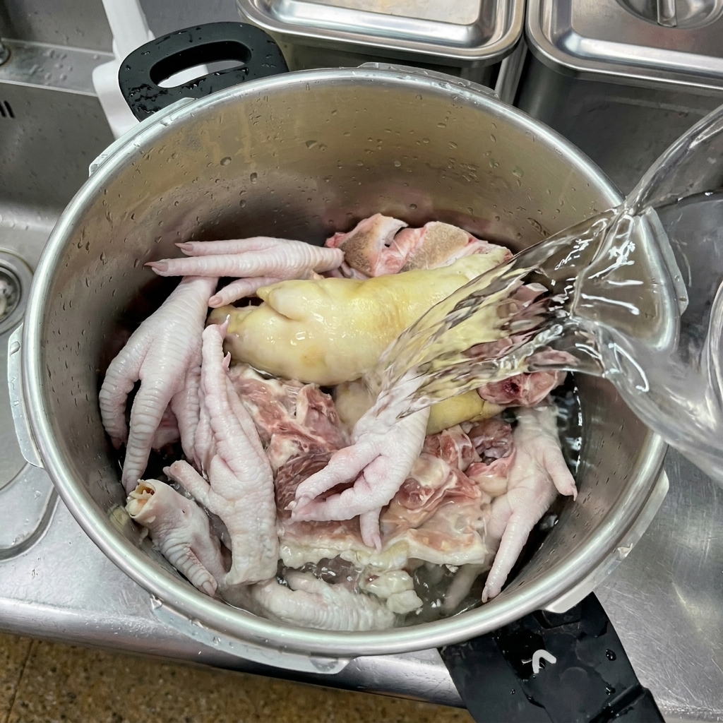 鍋に入れた骨や足にピッタリ浸かるまで水を注いでいる様子。