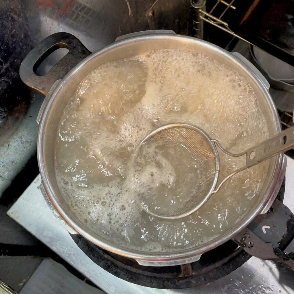 沸騰したお湯の表面に浮いた茶色の泡をメッシュの網ですくっている様子。
