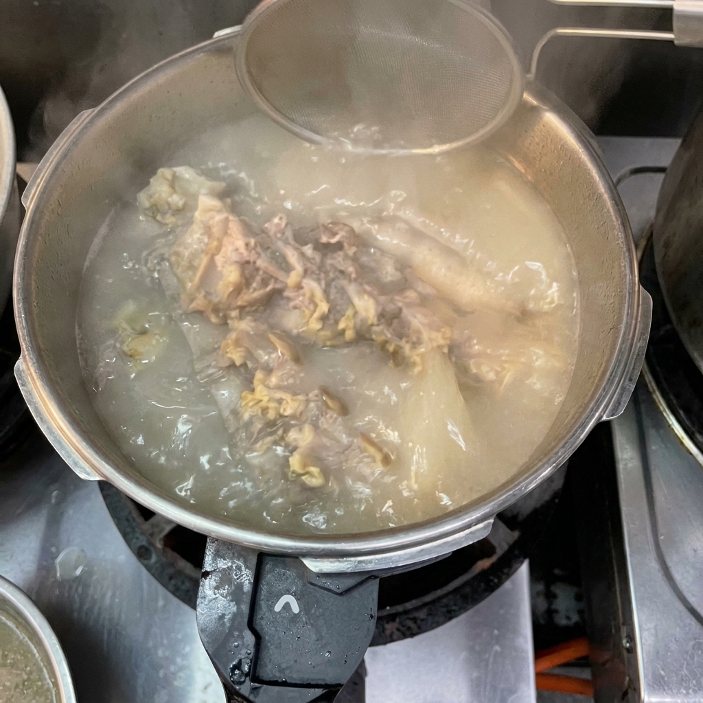 蓋を開けた圧力鍋の中。少し白濁したスープと柔らかくなった骨が見える。