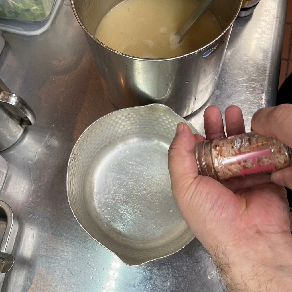ラーメン丼に塩や醤油ベースのタレを入れている様子。