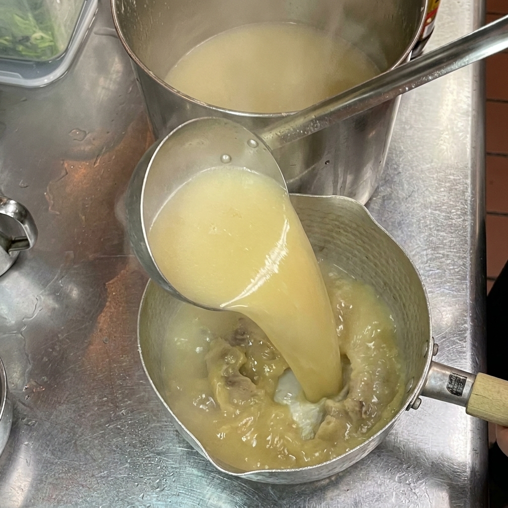 タレの入った丼に、熱々の豚骨スープをレードルで注いでいる様子。