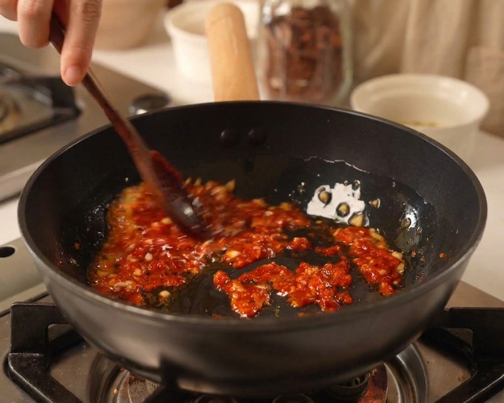 炒めたニンニクに、鮮やかな赤色のコチュジャンをスプーンで加えている様子。