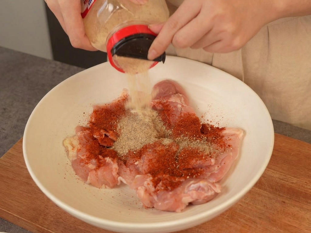 ボウルに入った鶏肉に、ガーリックパウダーや唐辛子粉などの調味料を振りかけている様子。