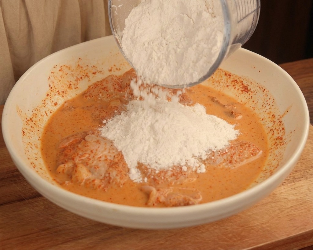 下味をつけた鶏肉が入ったボウルに、小麦粉を振り入れている様子。