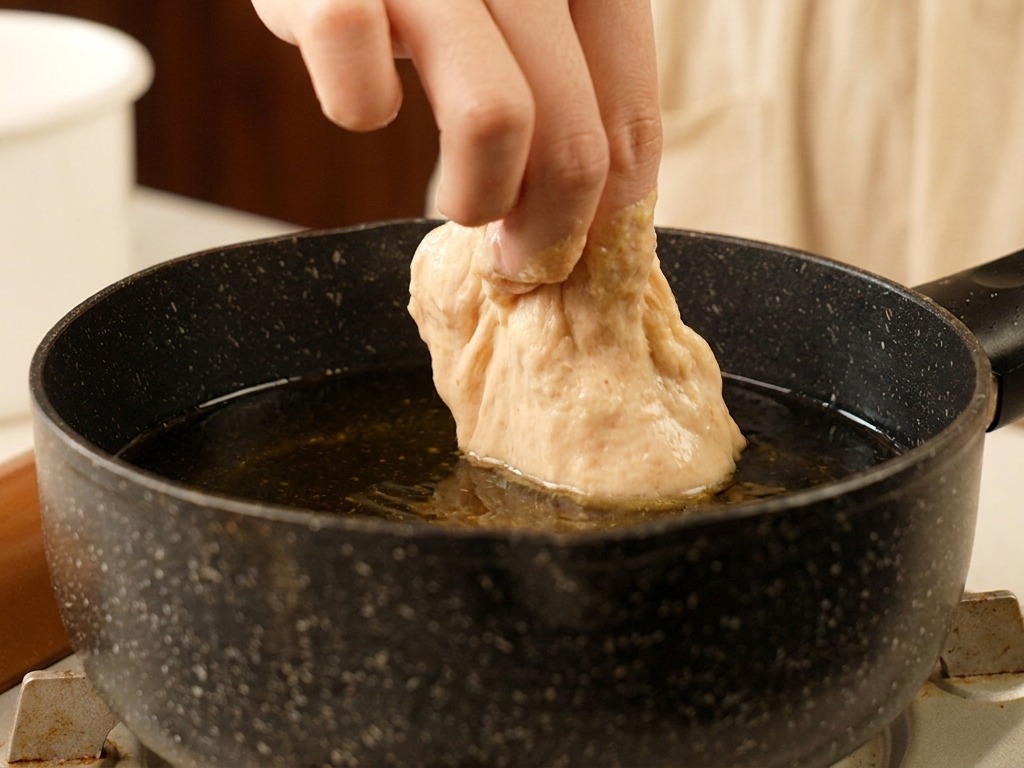 熱した油の中に、厚い衣をまとった鶏肉を静かに入れている様子。