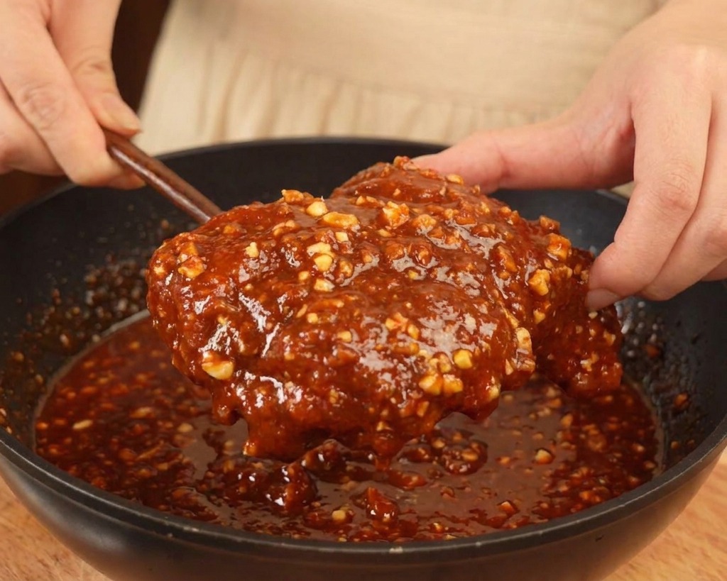 チキンに、砕いたピーナッツが入った艶やかな赤いソースをたっぷり絡めている様子。