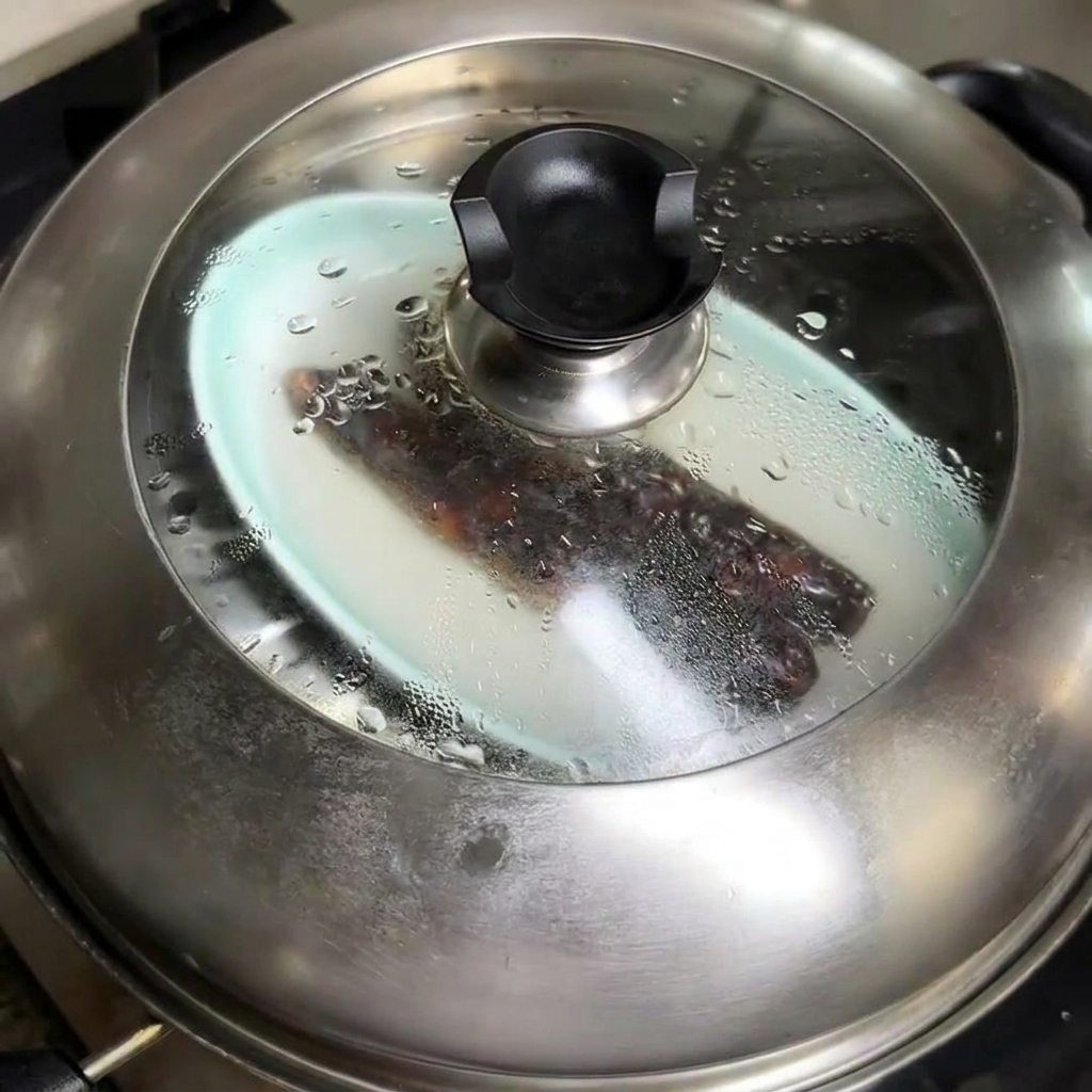 まな板の上で蒸し上がったソーセージを輪切りにしている様子。