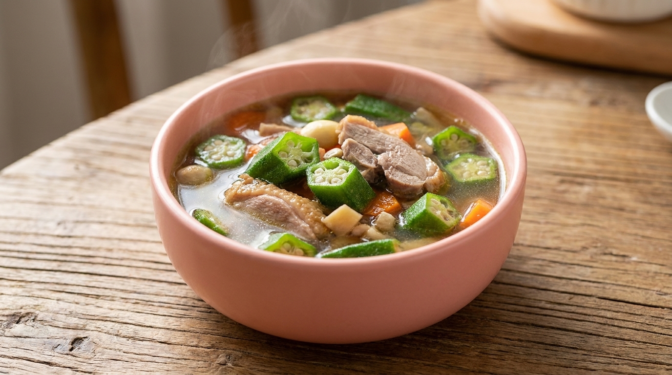 透明感のある澄んだ出汁に、鮮やかな緑のオクラと鴨肉が浮かぶ滋養スープ。