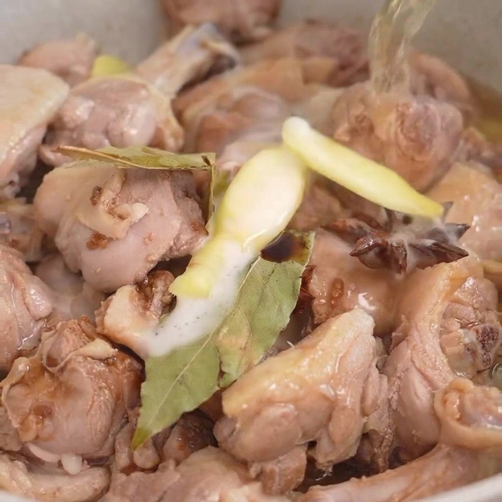 鍋にビールを注ぎ入れ、八角やローリエと煮込んでいる様子。