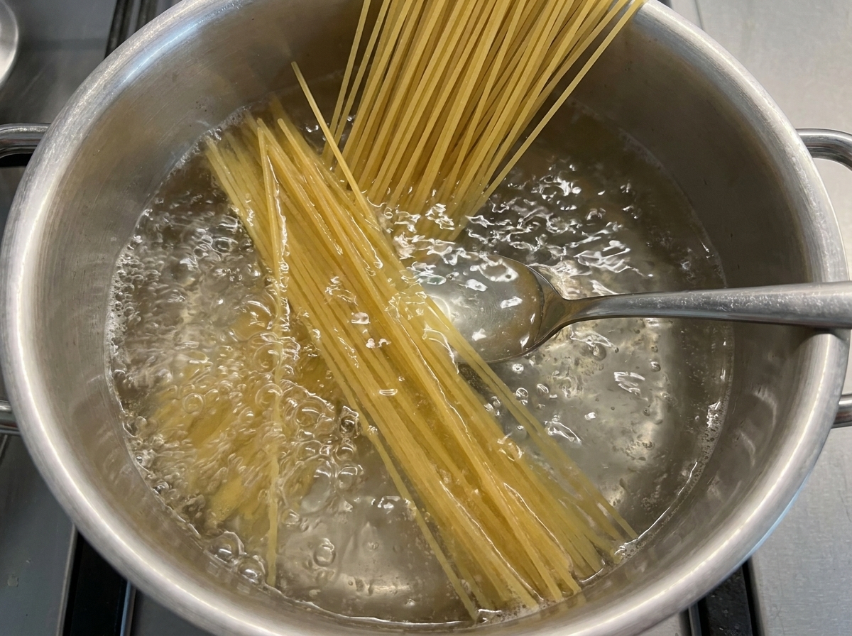 沸騰したお湯の中に、金属製のスプーンでスパゲッティを押し込んでいる様子。