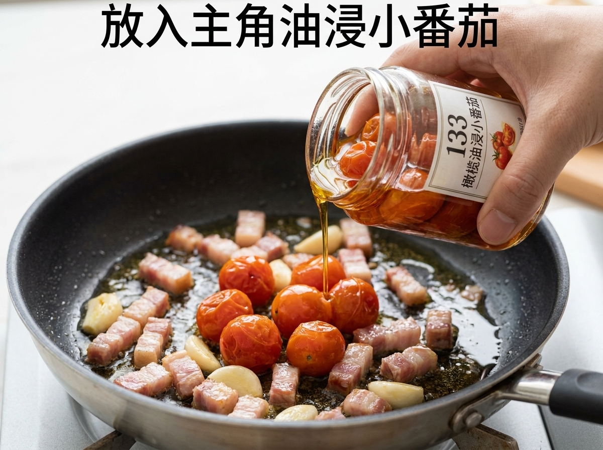 炒めたベーコンとニンニクのフライパンにドライトマトを加えている様子。