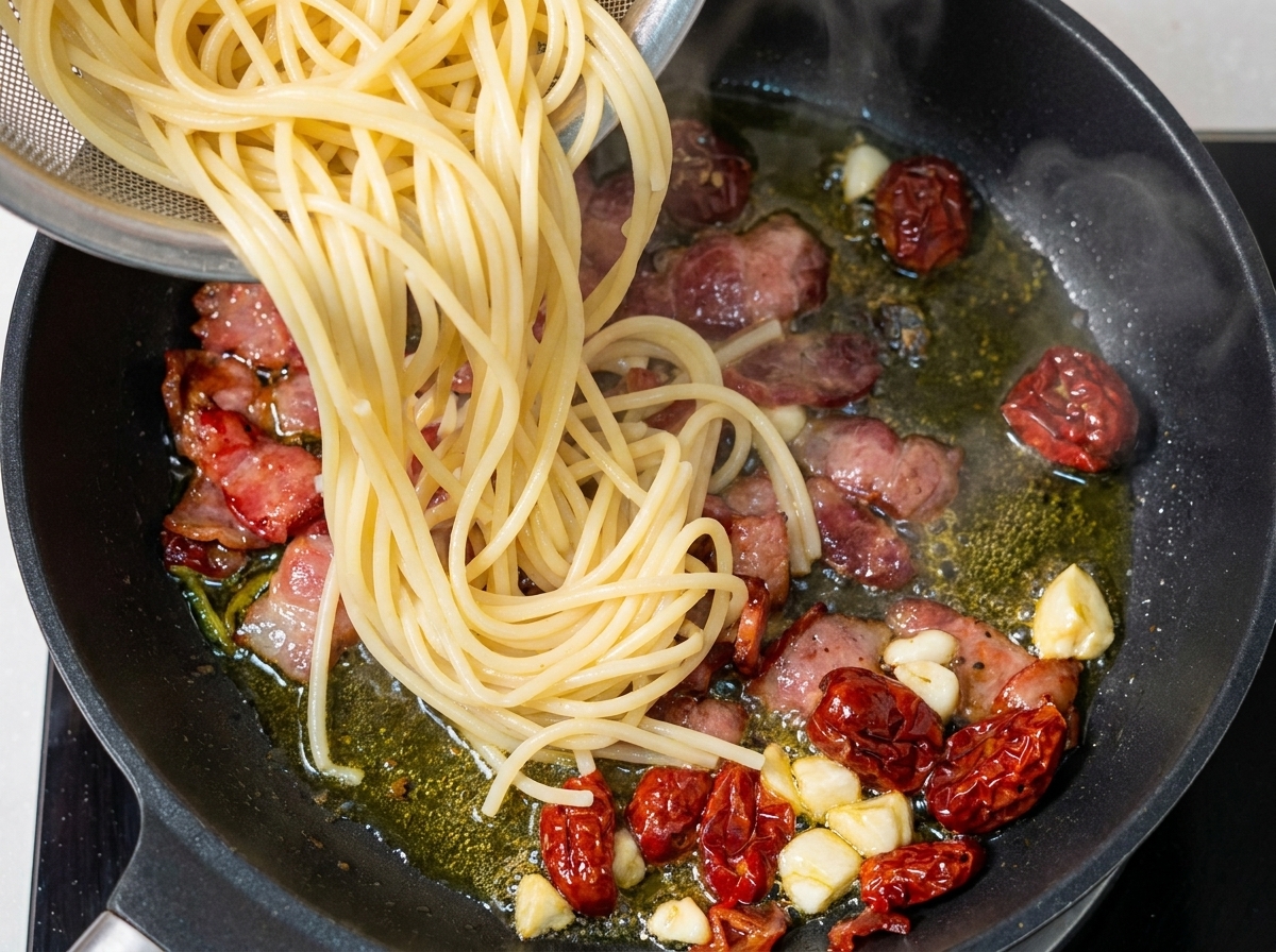茹で上がったパスタをベーコンやトマトが入ったフライパンに加えている様子。