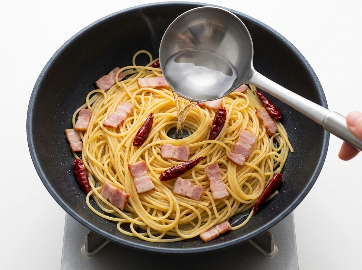 フライパンの中のパスタに、おたま一杯分の茹で汁をかけている様子。