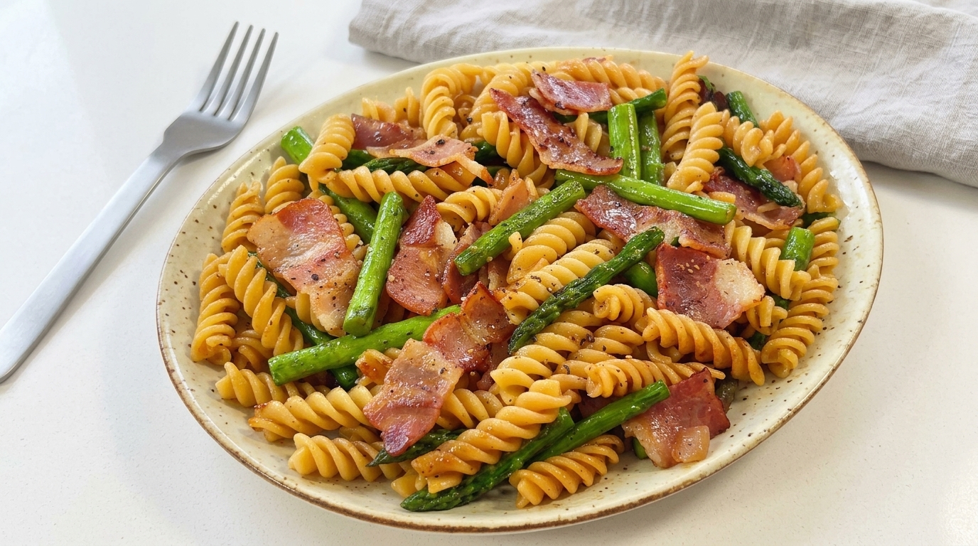 カリカリのベーコンと鮮やかな緑のアスパラガスを合わせた、素朴で食欲をそそるフジッリパスタ。